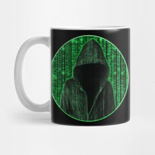 Hooded hacker in binary matrix rain Mug